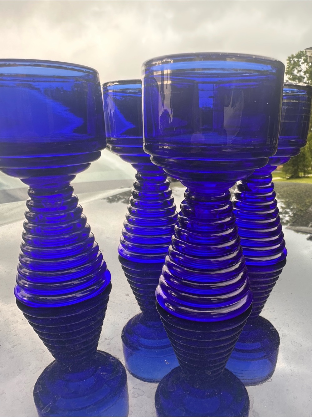 S25 Rare Vintage Roemer Cobalt Blue Skyscraper Wine Cocktail Glass Set Of 4